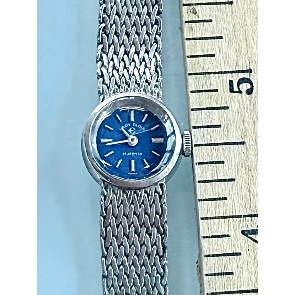 Vintage Lady Elgin 21 Jewel Swiss Mechanical Watch Blue Dial 8